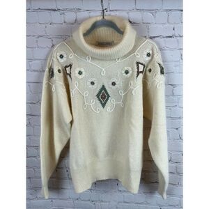 EVAN DAVIES vintage ivory embroidered lambswool angora turtleneck sweater L